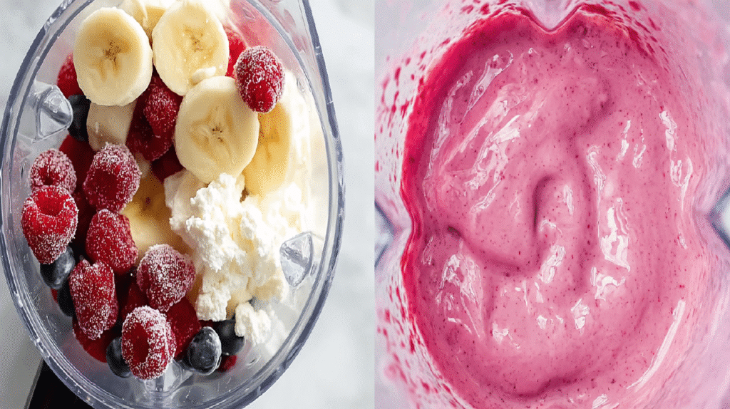 Easy Berries and Cottage Cheese Ice Cream: A High Protein 9 cottage cheese, berries, and banana in blender before mixing